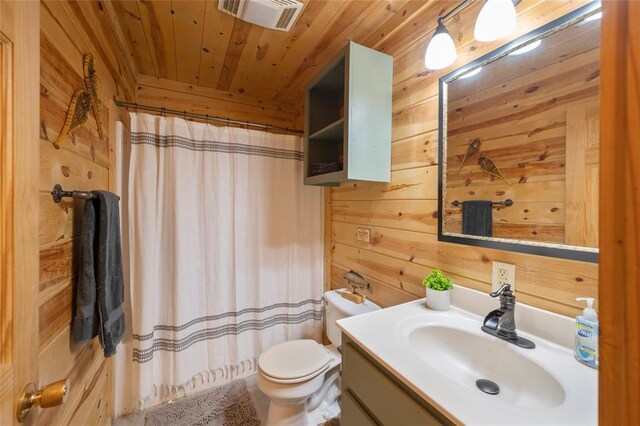 1073 Southern Hills Cir, Broken Bow, OK 74728 - bathroom with wood walls, vanity, wood ceiling, and a shower with shower curtain