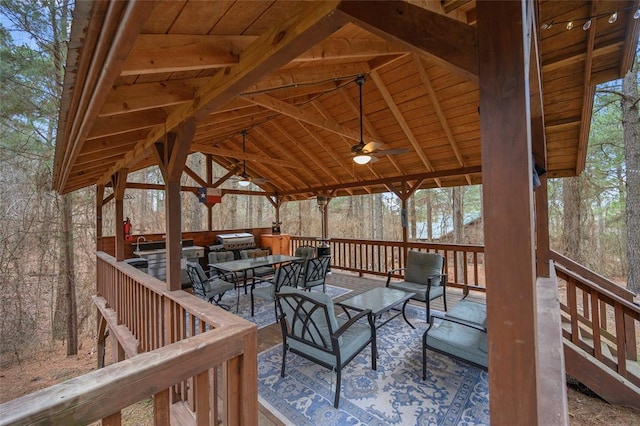 1073 Southern Hills Cir, Broken Bow, OK 74728 - wooden deck featuring ceiling fan, an outdoor living space, a gazebo, and area for grilling