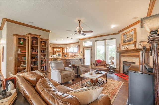 108 Raye Pl, Tuttle, OK 73089 - living room featuring ornamental molding, ceiling fan, a high end fireplace, and dark wood-style floors