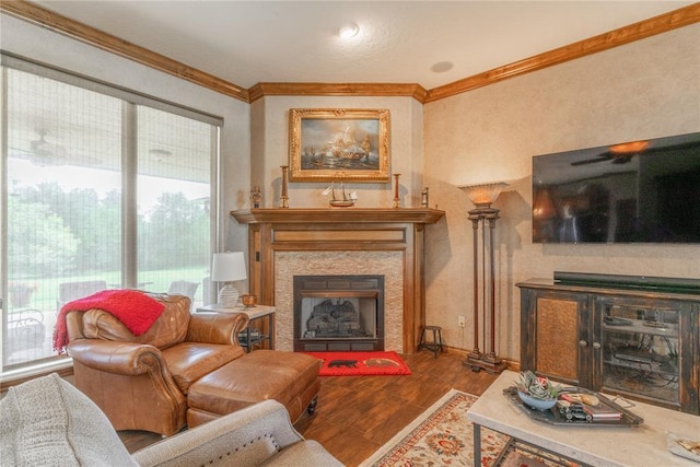 108 Raye Pl, Tuttle, OK 73089 - living area with a fireplace, ornamental molding, wood finished floors, and baseboards