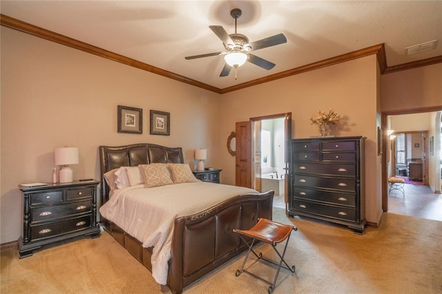 108 Raye Pl, Tuttle, OK 73089 - bedroom featuring light colored carpet, ornamental molding, ensuite bathroom, and ceiling fan