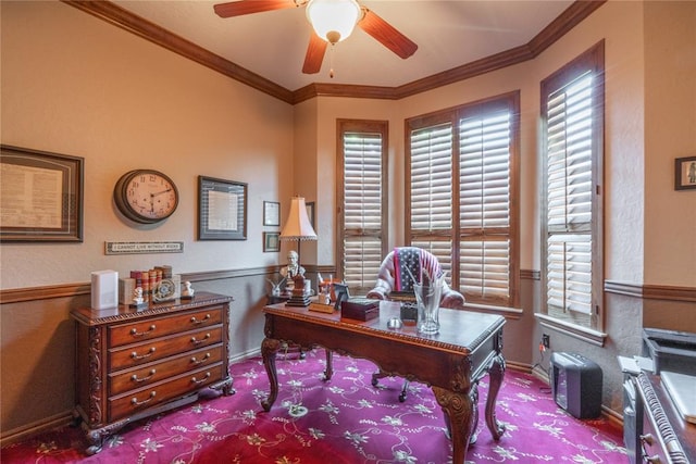 108 Raye Pl, Tuttle, OK 73089 - carpeted office space with a ceiling fan, baseboards, and crown molding