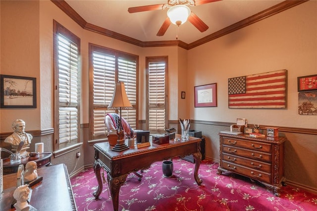 108 Raye Pl, Tuttle, OK 73089 - carpeted home office with ceiling fan, crown molding, and baseboards