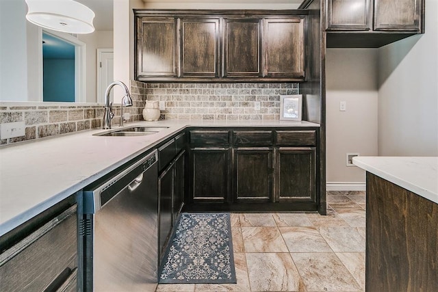 15108 Coldsun Dr, Oklahoma City, OK 73170 - kitchen featuring dishwasher, tasteful backsplash, light countertops, and dark brown cabinetry
