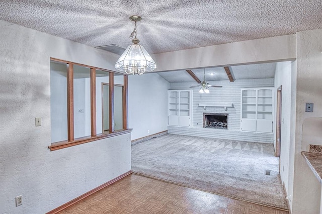 2804 Meadow Ave, Norman, OK 73072 - unfurnished living room featuring baseboards, a textured wall, carpet floors, a chandelier, and beam ceiling