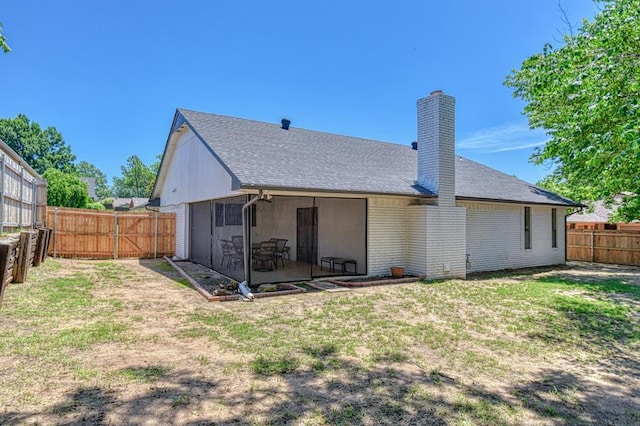 2804 Meadow Ave, Norman, OK 73072 - rear view of property with a chimney, a patio, a shingled roof, and brick siding