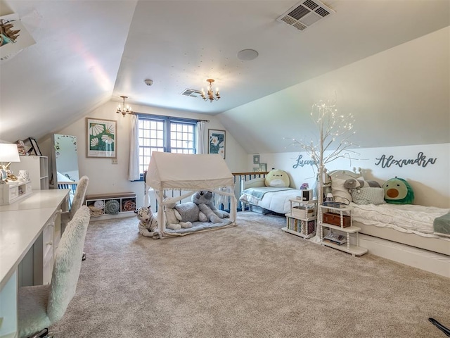 4005 NE 122nd St, Edmond, OK 73013 - carpeted bedroom with vaulted ceiling and a chandelier