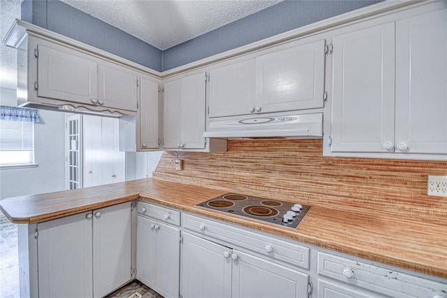 342 W Birch Dr, Mustang, OK 73064 - kitchen with black electric stovetop, under cabinet range hood, backsplash, a peninsula, and light countertops