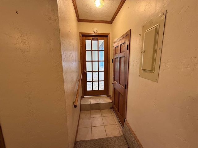 342 W Birch Dr, Mustang, OK 73064 - hall featuring electric panel, crown molding, a textured wall, and light tile patterned flooring