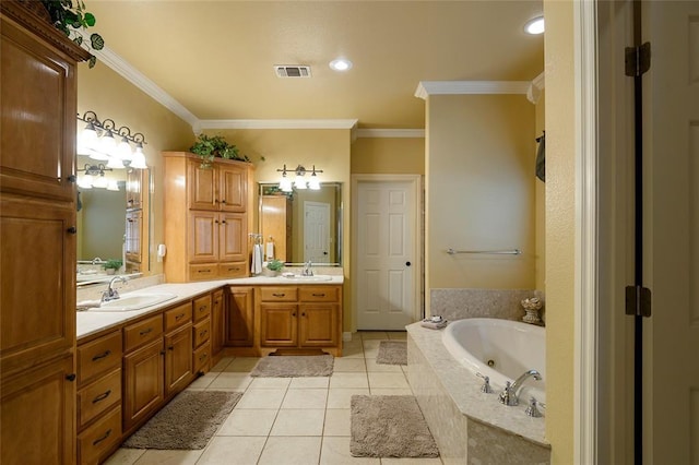 262 Shrouder Rd, Broken Bow, OK 74728 - bathroom with crown molding, double vanity, a jetted tub, and tile patterned floors