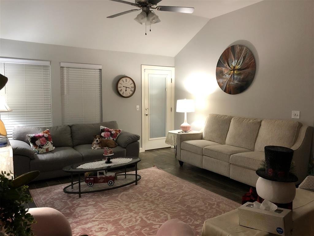 6821 NW 155th St, Edmond, OK 73013 - living area featuring vaulted ceiling, ceiling fan, and wood finished floors