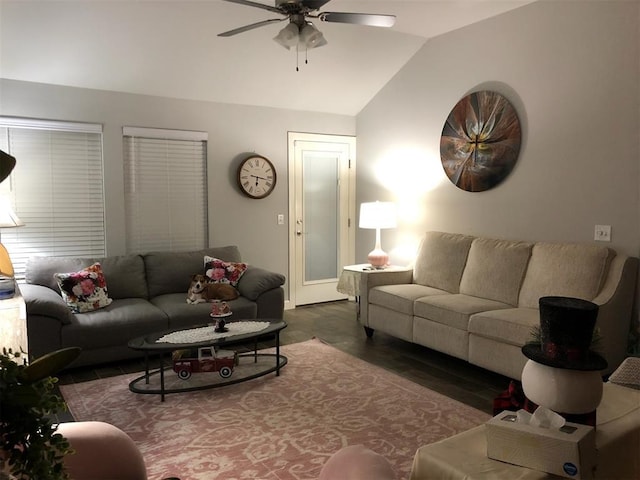 6821 NW 155th St, Edmond, OK 73013 - living area featuring vaulted ceiling, ceiling fan, and wood finished floors