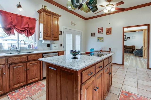 1408 Carlton, Edmond, OK 73034 - kitchen featuring dishwasher, a sink, black electric cooktop, brown cabinetry, and crown molding