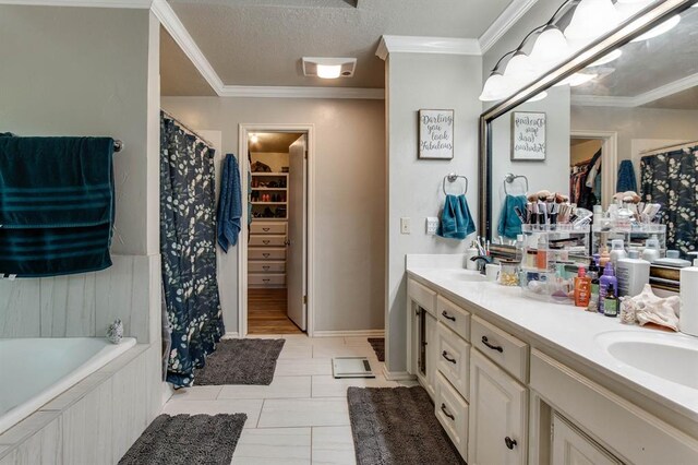1408 Carlton, Edmond, OK 73034 - bathroom with double vanity, a spacious closet, curtained shower, ornamental molding, and tiled bath