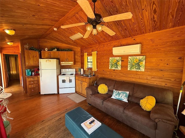 410052 E 1103rd Rd, Checotah, OK 74426 - living area featuring wood walls, wooden ceiling, wood finished floors, an AC wall unit, and a ceiling fan