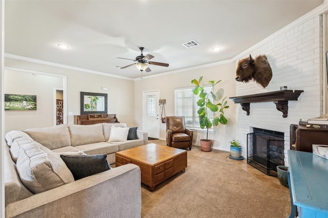 2303 Whispering Pine Blvd, Shawnee, OK 74804 - living area featuring ceiling fan, a fireplace, ornamental molding, and recessed lighting