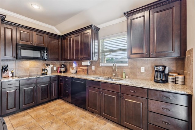 2303 Whispering Pine Blvd, Shawnee, OK 74804 - kitchen with black appliances, crown molding, dark brown cabinets, tasteful backsplash, and light stone countertops
