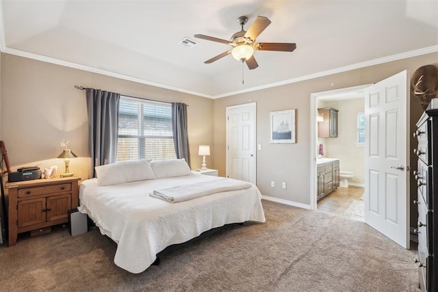 2303 Whispering Pine Blvd, Shawnee, OK 74804 - bedroom featuring light colored carpet, connected bathroom, ornamental molding, and ceiling fan