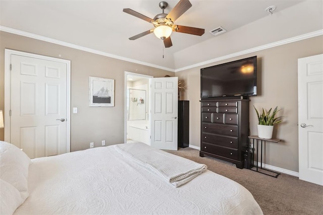 2303 Whispering Pine Blvd, Shawnee, OK 74804 - carpeted bedroom featuring ornamental molding, ensuite bath, and ceiling fan