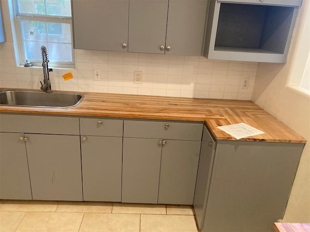 707 W Texas Ave, Anadarko, OK 73005 - kitchen featuring a sink, gray cabinets, backsplash, and butcher block counters