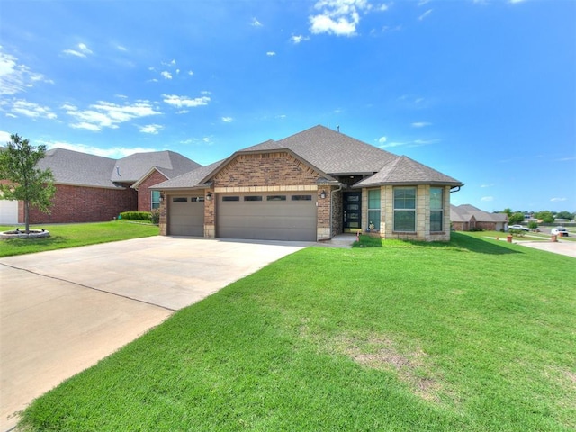 5512 Cheyenne Rd, Warr Acres, OK 73132 - view of front of home featuring a garage, a front lawn, concrete driveway, brick siding, and roof with shingles