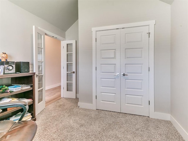 5512 Cheyenne Rd, Warr Acres, OK 73132 - bedroom featuring french doors, lofted ceiling, a closet, and carpet