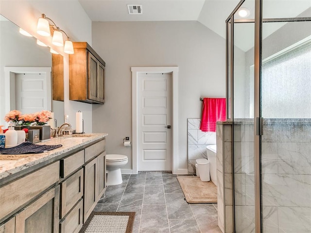 5512 Cheyenne Rd, Warr Acres, OK 73132 - bathroom with vanity, a bathtub, vaulted ceiling, and an enclosed shower