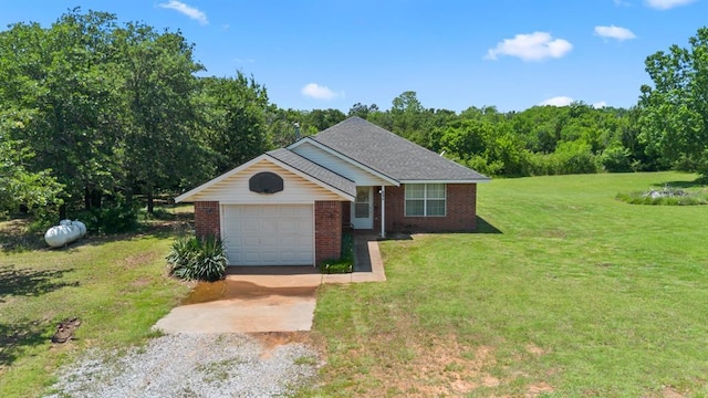 677 S Morgan Ave, Blanchard, OK 73010 - ranch-style home featuring gravel driveway, a garage, brick siding, a front lawn, and a forest view