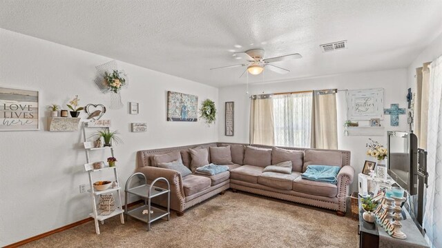677 S Morgan Ave, Blanchard, OK 73010 - living area featuring carpet floors, ceiling fan, and a textured ceiling