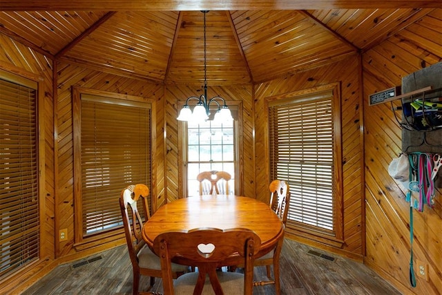498 Big Horn Rd, Mcalester, OK 74501 - dining area with lofted ceiling, a chandelier, wood walls, hardwood / wood-style flooring, and wooden ceiling
