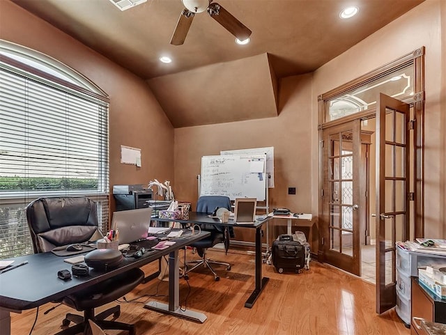 1316 NW 171st St, Edmond, OK 73012 - office area featuring wood finished floors, french doors, ceiling fan, vaulted ceiling, and recessed lighting