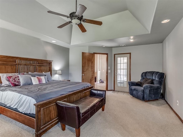 1316 NW 171st St, Edmond, OK 73012 - bedroom with light carpet, recessed lighting, ceiling fan, and high vaulted ceiling