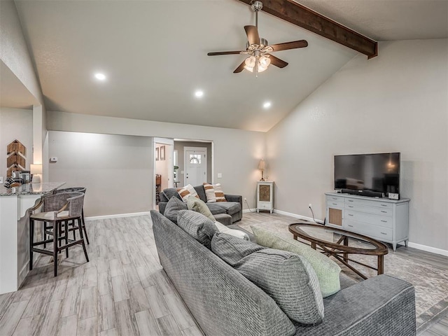 6513 NW 95th St, Oklahoma City, OK 73162 - living area with baseboards, beamed ceiling, a ceiling fan, light wood-style flooring, and recessed lighting
