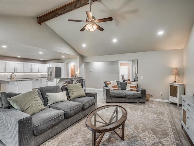 6513 NW 95th St, Oklahoma City, OK 73162 - living room with beam ceiling, recessed lighting, baseboards, high vaulted ceiling, and a ceiling fan