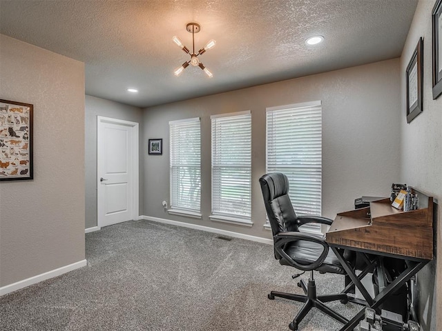 6513 NW 95th St, Oklahoma City, OK 73162 - office space with a textured ceiling, carpet, baseboards, a textured wall, and a chandelier