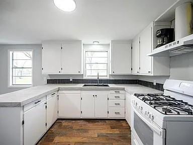 309 E Memorial St, Broken Bow, OK 74728 - kitchen with white range with gas stovetop, a sink, healthy amount of natural light, and a peninsula