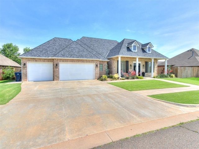 6005 NW 155th St, Edmond, OK 73013 - view of front facade featuring brick siding, driveway, a garage, covered porch, and a shingled roof