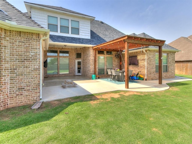 6005 NW 155th St, Edmond, OK 73013 - back of property featuring brick siding, a pergola, a patio area, and a shingled roof