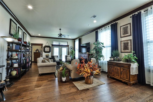 3434 Crampton Gap Way, Norman, OK 73069 - living area with crown molding, a ceiling fan, wood finished floors, and recessed lighting