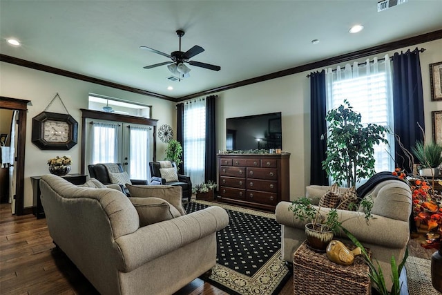 3434 Crampton Gap Way, Norman, OK 73069 - living area featuring ornamental molding, ceiling fan, dark wood-style flooring, and recessed lighting