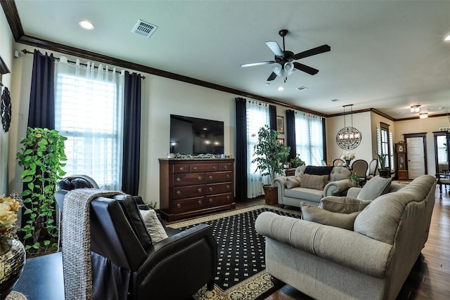 3434 Crampton Gap Way, Norman, OK 73069 - living room featuring crown molding, ceiling fan, plenty of natural light, dark wood-style floors, and recessed lighting
