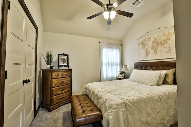3434 Crampton Gap Way, Norman, OK 73069 - bedroom featuring vaulted ceiling, carpet, and ceiling fan