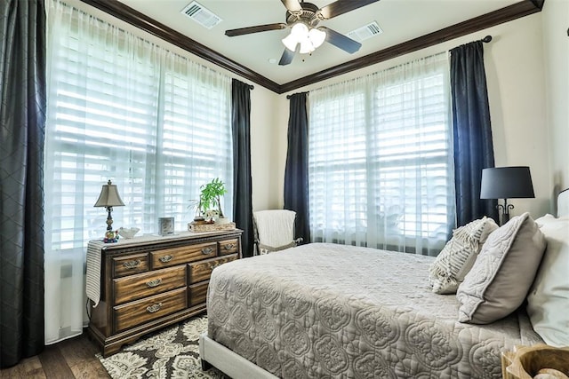 3434 Crampton Gap Way, Norman, OK 73069 - bedroom with crown molding, multiple windows, dark wood finished floors, and ceiling fan