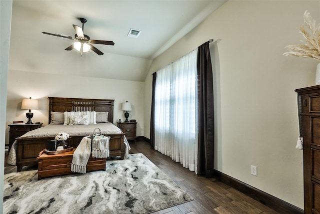 3434 Crampton Gap Way, Norman, OK 73069 - bedroom with dark wood-style flooring, vaulted ceiling, and ceiling fan