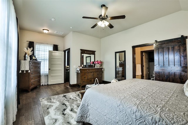 3434 Crampton Gap Way, Norman, OK 73069 - bedroom with wood finished floors, vaulted ceiling, a ceiling fan, and a barn door