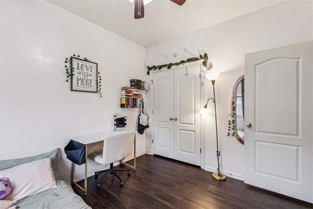 2913 Elmo Way, Oklahoma City, OK 73160 - office area featuring dark wood finished floors, a ceiling fan, and baseboards