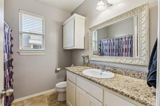 2913 Elmo Way, Oklahoma City, OK 73160 - full bath with vanity, baseboards, toilet, and a shower with shower curtain