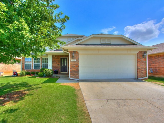 724 Ga Zump Dr, Norman, OK 73069 - view of front of home featuring brick siding, driveway, an attached garage, and a front lawn