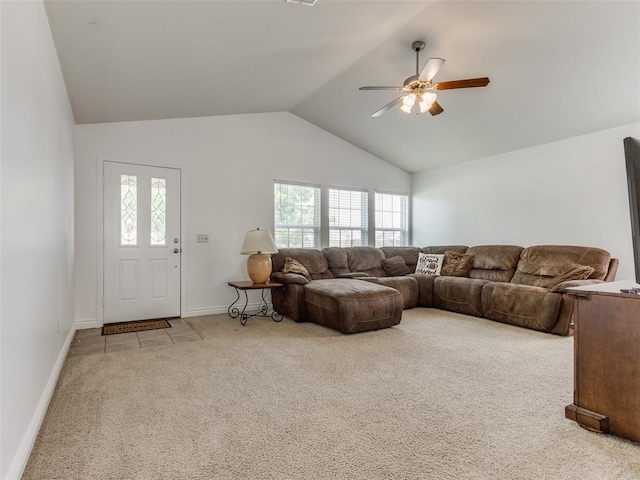 724 Ga Zump Dr, Norman, OK 73069 - living room featuring carpet, ceiling fan, high vaulted ceiling, and baseboards