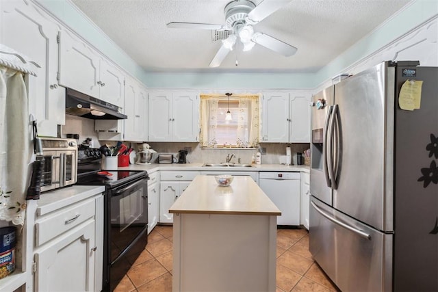 4912 NW 29th St, Oklahoma City, OK 73127 - kitchen with stainless steel fridge, white dishwasher, under cabinet range hood, black / electric stove, and a textured ceiling